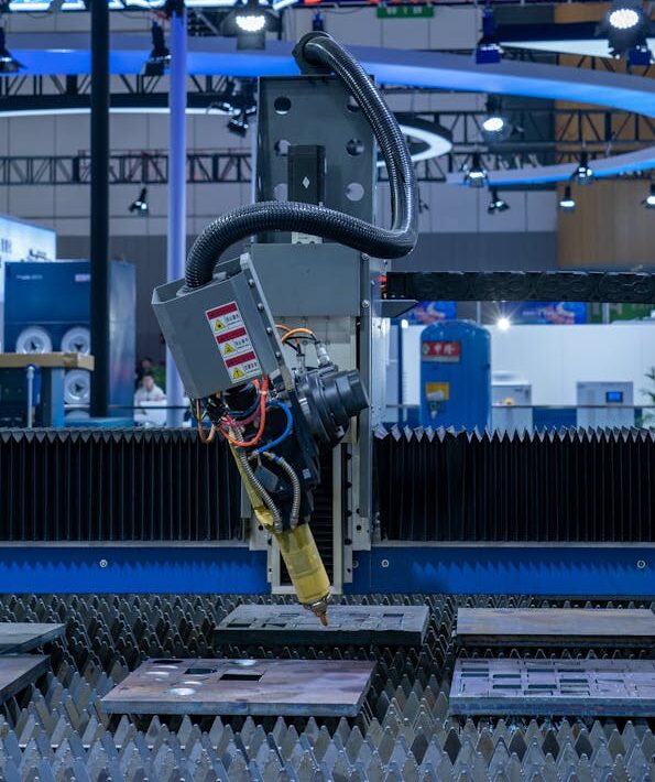 Close-up of a laser cutting machine at an industrial exhibition showcasing advanced technology.